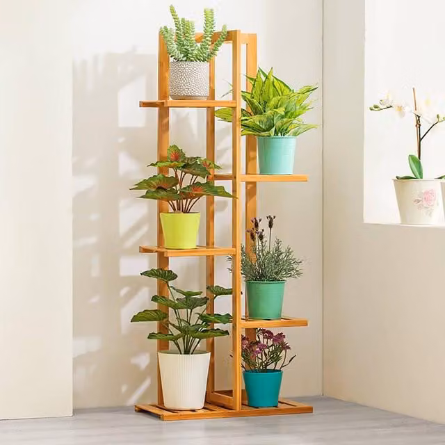 Livingandhome Rustic Brown Bamboo Ladder Planter for Indoor and Garden Plants