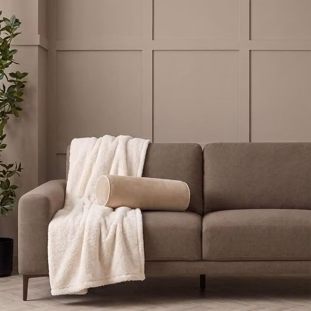 OHS Large Fluffy Teddy Fleece Throw Blanket in Beige, W: 200 cm, D: 240 cm
