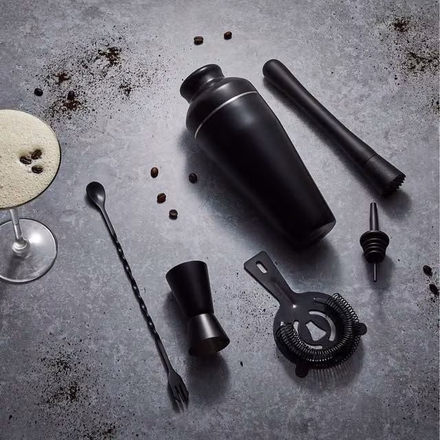 VonShef 6 Piece Stainless Steel Parisian Cocktail Shaker Set with Accessories in Black