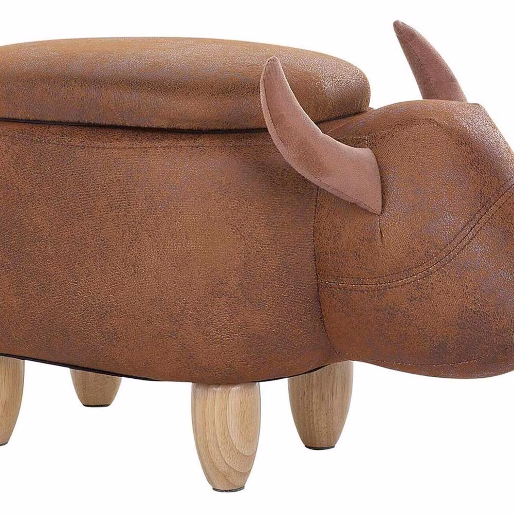 Wyld and Coco Cow Stool with Storage in Brown Faux Leather and Rubberwood Legs – 2