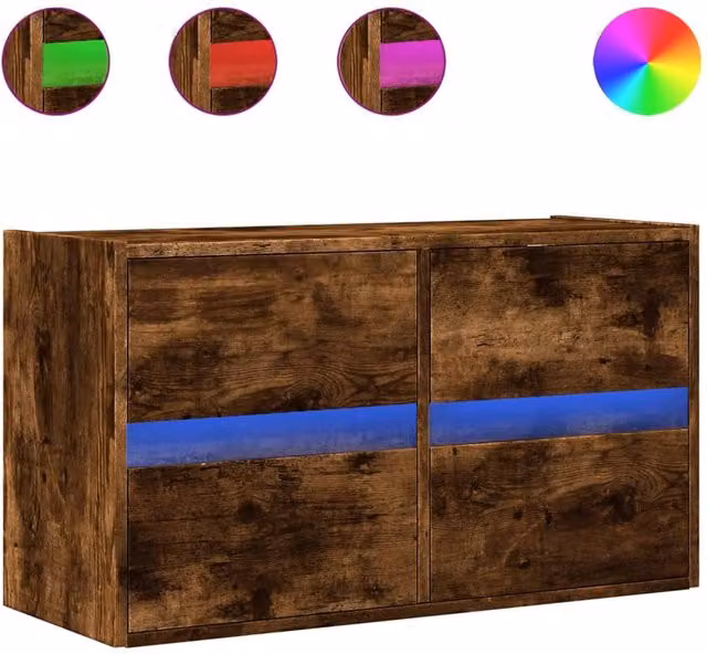 Berkfield Home TV Wall Cabinet with LED Lights in Smoked Oak Brown, W/D/H: 80 x 31 x 45 cm