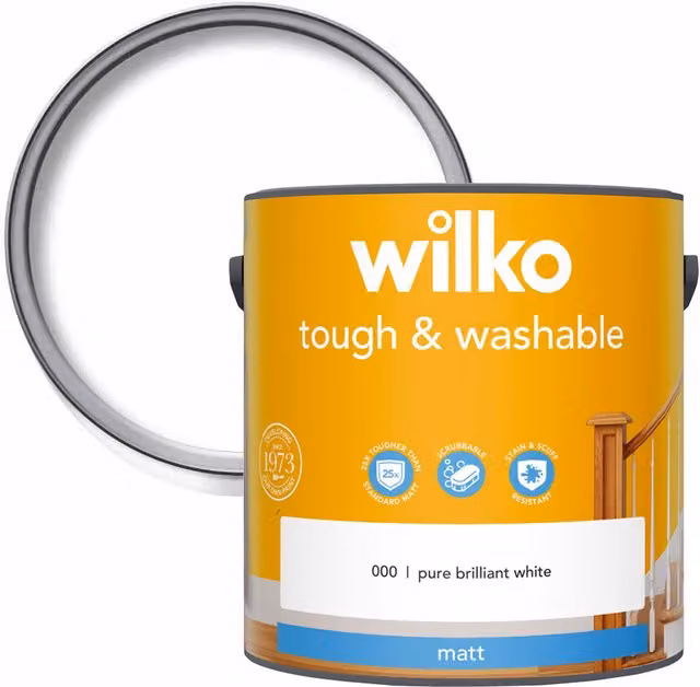 wilko Tough and Washable Matt Emulsion Paint, White, 2.5 l