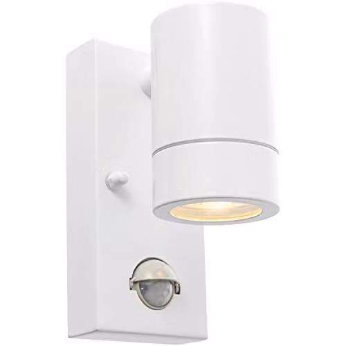 Loops Outdoor IP44 Wall Downlight with PIR Motion Sensor, White Stainless Steel and Transparent Glass, 7W GU10 LED
