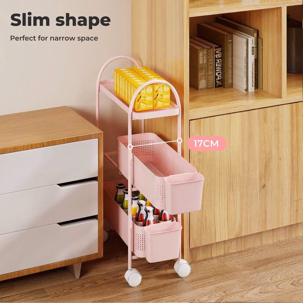 VOGREX 3-Tier Narrow Freestanding Metal Kitchen Storage Trolley in Matt Pink – 2