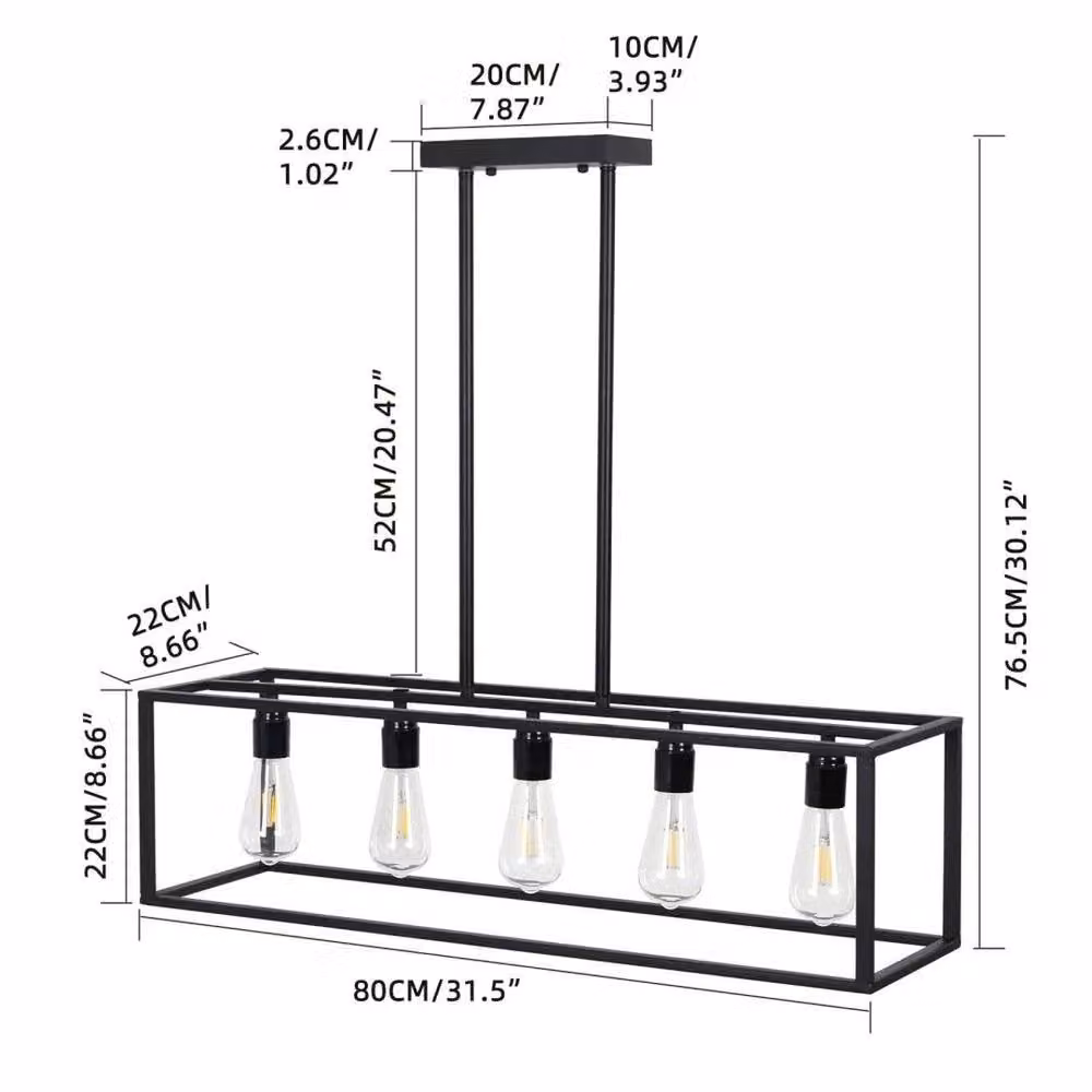 FLAVORA Industrial 5-Light Kitchen Island Chandelier in Black Metal with Glass Shades – 2