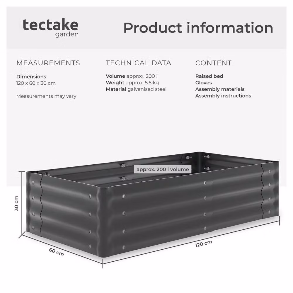 tectake Salvia Raised Garden Bed in Grey Galvanised Steel, W: 120 cm, D: 60 cm, H: 30 cm – 6