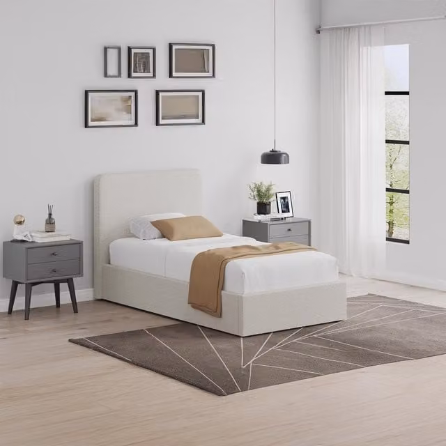 FWStyle Beige Upholstered Single Ottoman Bed Frame with Gas Lift and Metal Slats, 90 x 190 cm