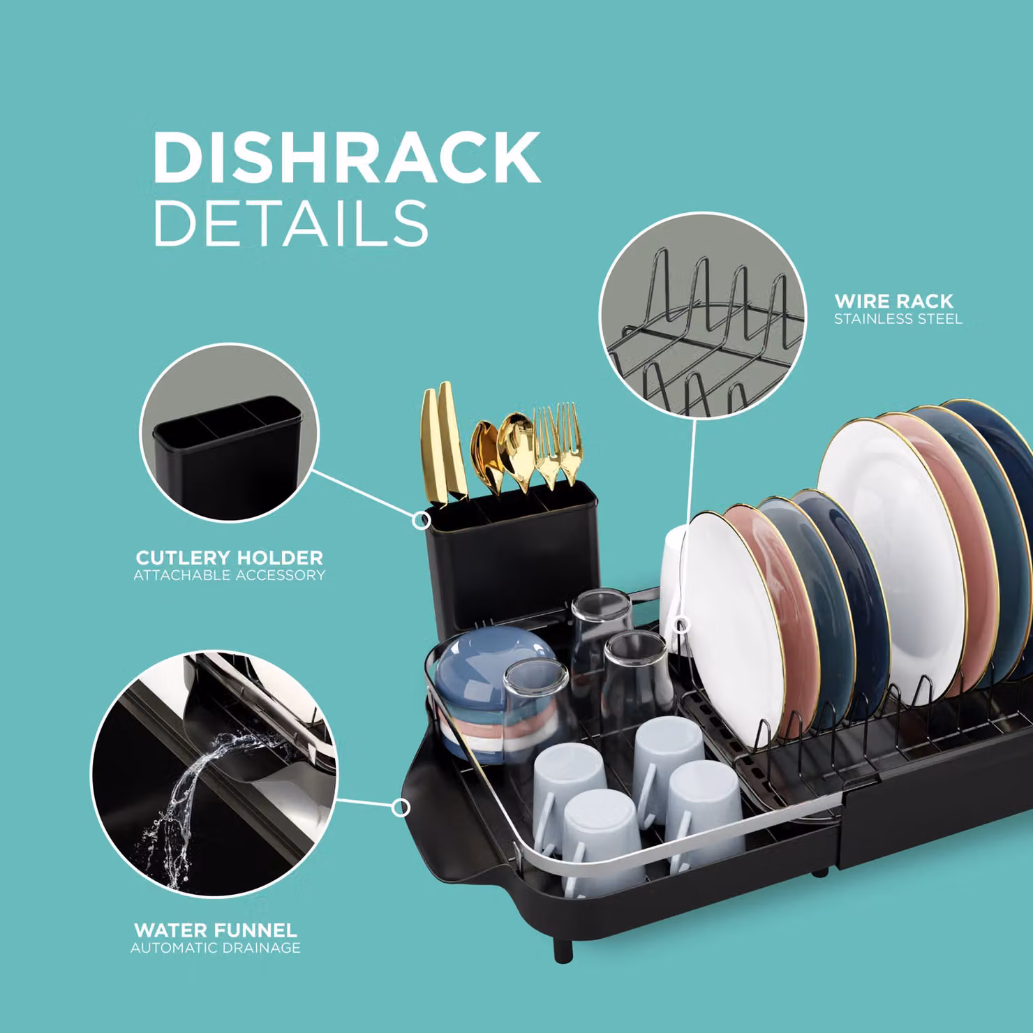 DMD Collective Expandable Dish Rack with Removable Cutlery Holder in Black and Silver – 6