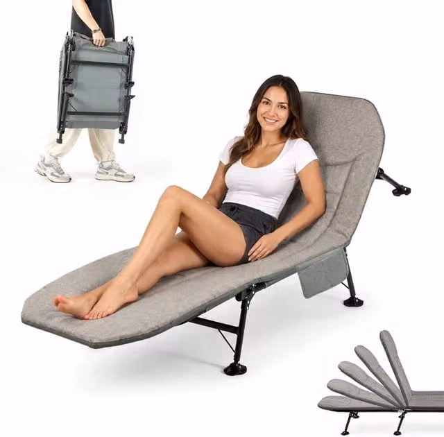 Kelvenix Foldable Sun Lounger with Weatherproof Cushion and Adjustable Headrest in Grey
