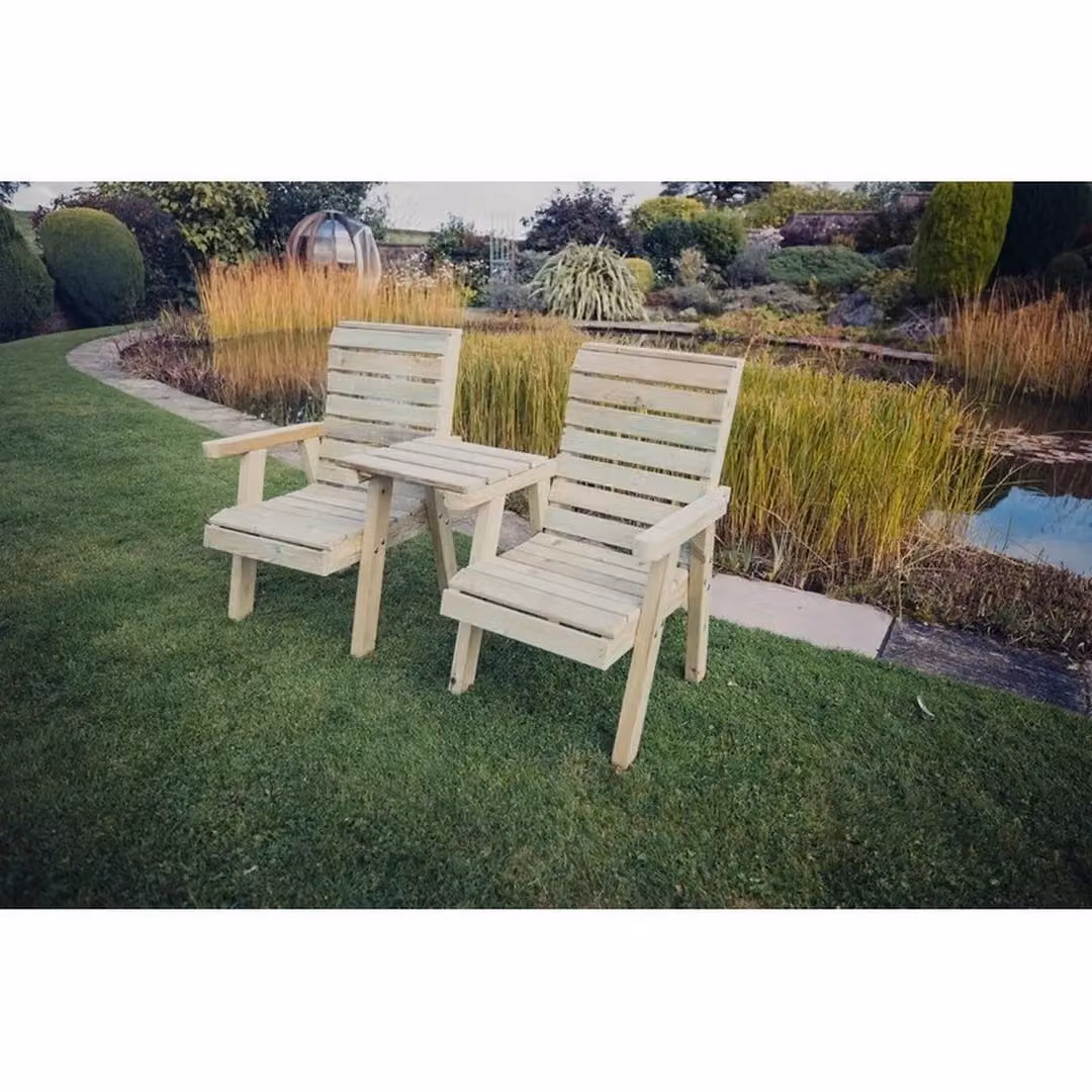 Churnet Valley Garden Furniture Ltd Clover Love Seat with Tray and Floral Cushions in Brown – 2