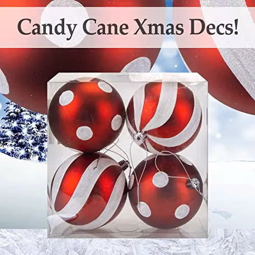 VFM Red and White Candy Cane Striped Baubles (4 Pack) - Christmas Tree Decorations, Diameter: 9 cm – 4