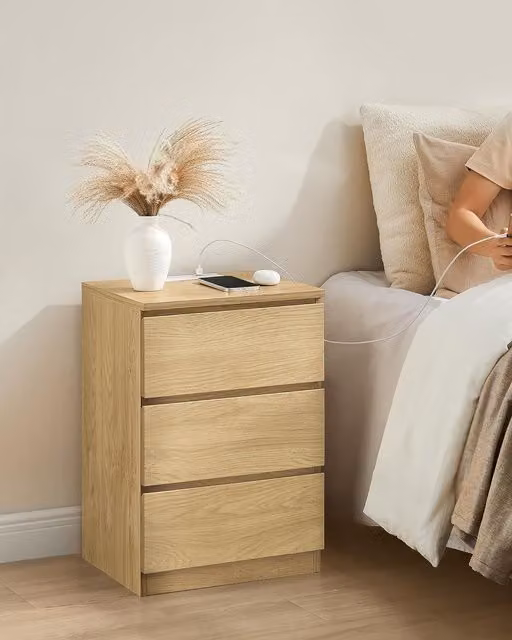 VASAGLE Modern Bedside Table with USB Outlets and Drawers in Natural Wood Finish