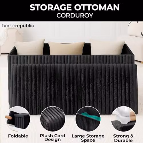 Home Republic Corduroy Ottoman Storage Box in Black, Foldable Rectangular Footstool and Toy Chest, W/D/H: 76 x 38 x 38 cm – 4