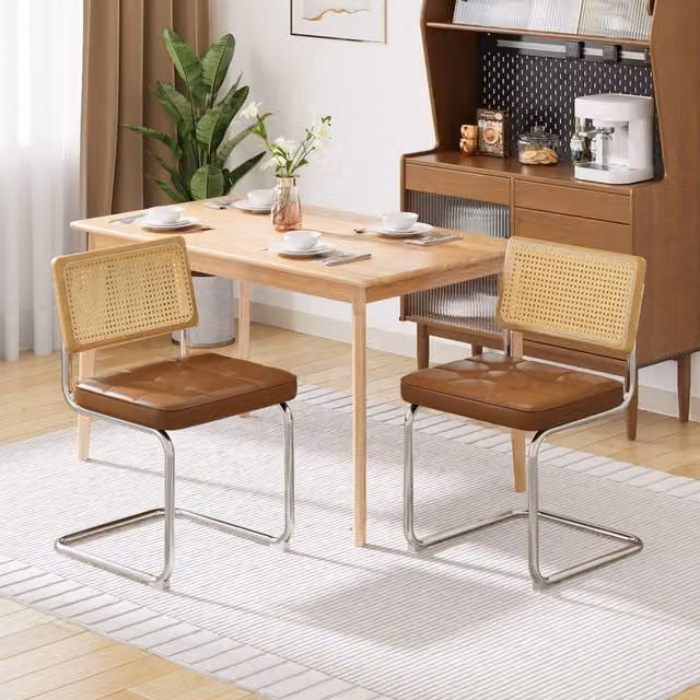 Livingandhome Set of 2 Vintage Brown Synthetic Leather Dining Chairs with Cantilever Base