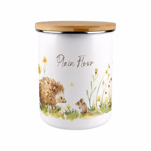 Purely Home Hedgehog and Mouse Plain Flour Storage Canister, 2.7 l, Brown and White Enamel Container