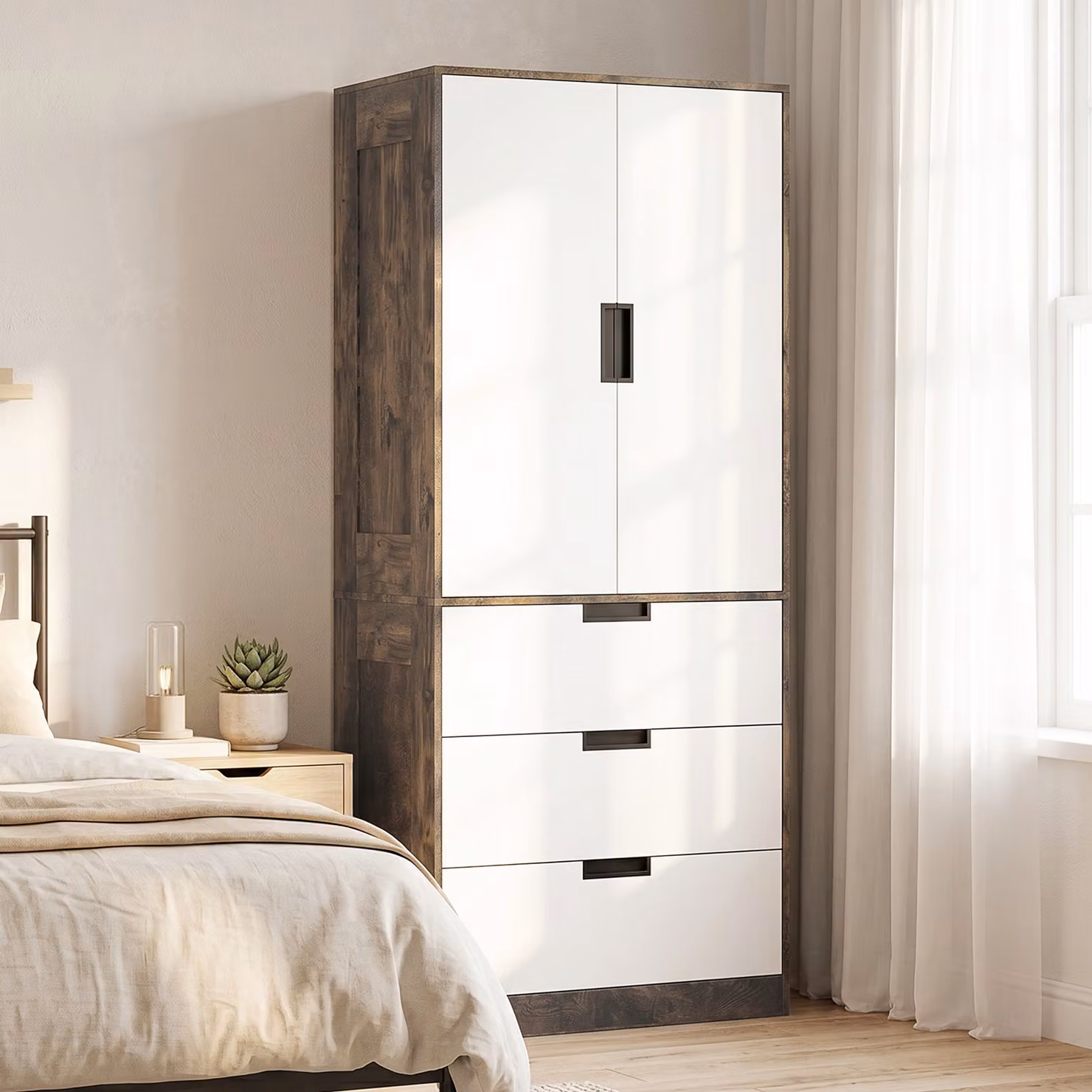 HOMCOM Modern Clothes Storage Cupboard with 2 Doors, 3 Drawers and Hanging Rod, Brown and White – 2