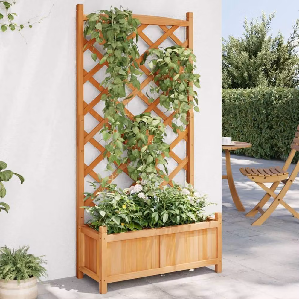 Berkfield Home Brown Solid Wood Fir Planter with Trellis – 2