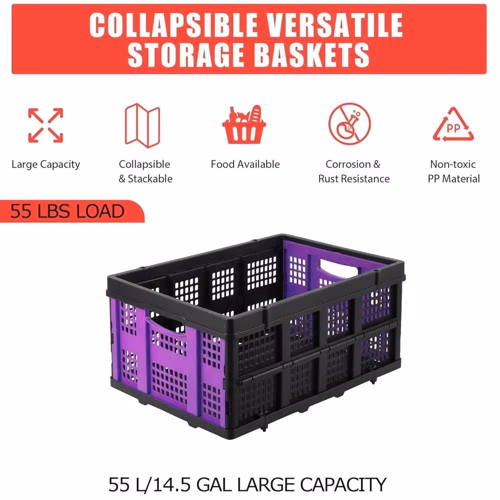 VOGREX Collapsible Plastic Slatted Crate, 55 l, Purple/Multicolour – 3