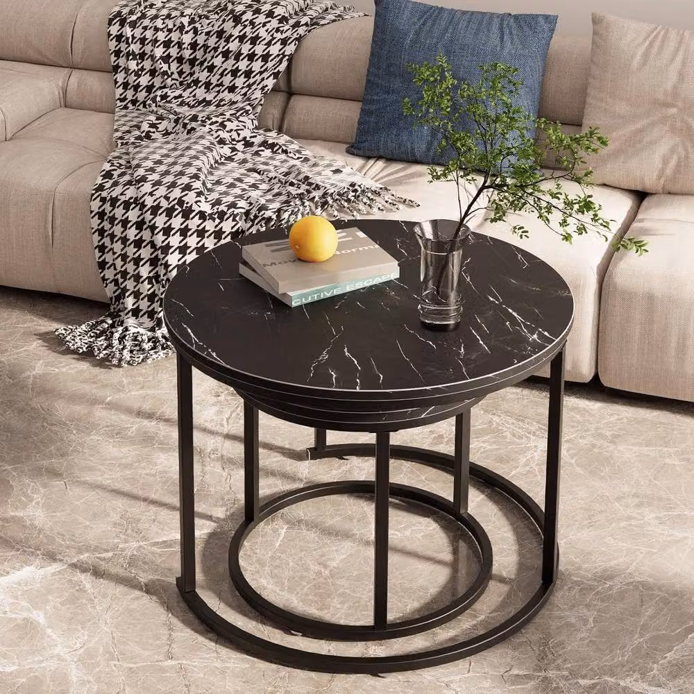 Huhote Set of 2 Round Nesting Coffee and Side Tables with Black Wood and Marble Finish – 2
