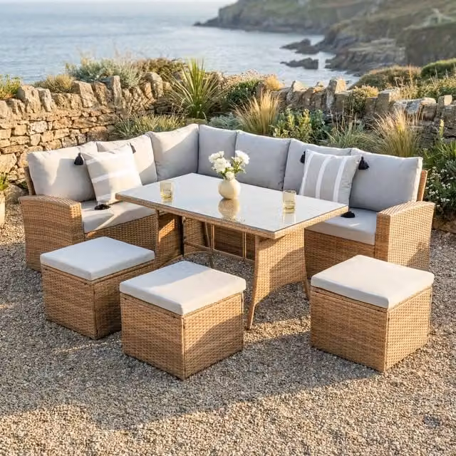 Home Garden Direct Pelias Brown Rattan 8 Seater Corner Outdoor Sofa Dining Set