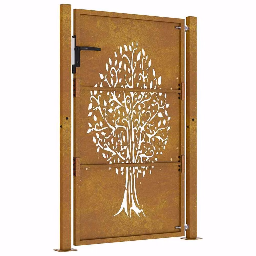 Berkfield Home Corten Steel Garden Gate with Tree Design in Brown, W: 105 cm, H: 130 cm – 3