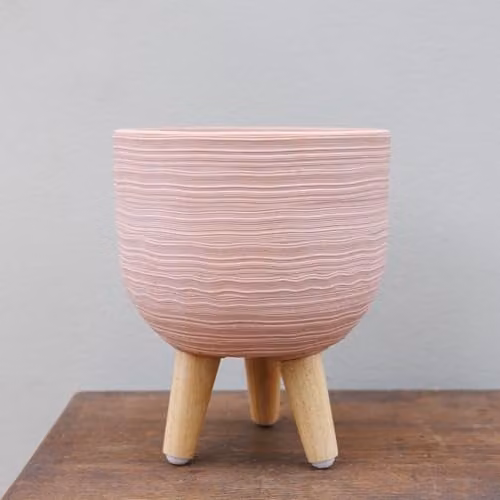 Primrose Round Textured Indoor Planter with Wooden Legs in Pink, Diameter: 23 cm – 1