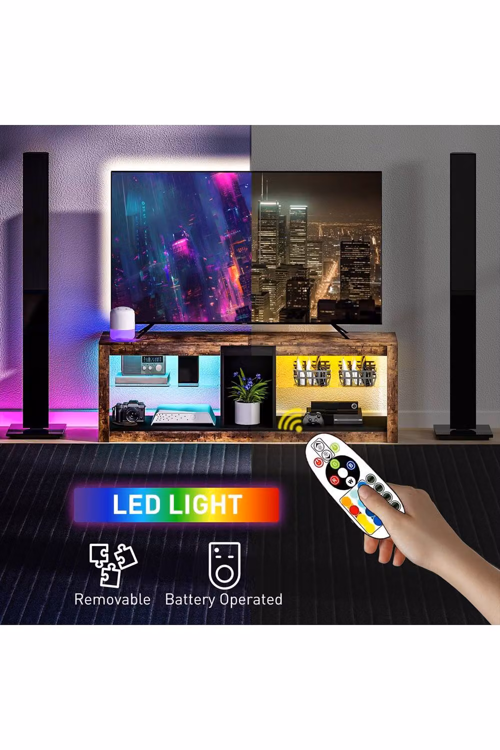 ERGOVEXA Rustic Brown TV Stand Cabinet with Integrated LED Lighting and Glass Details, W: 140 cm, D: 35 cm, H: 47 cm – 3