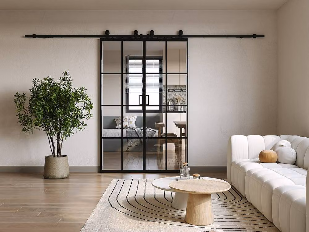 Vente-unique Double Sliding Door Surface Mount in Black with Aluminium and Tempered Glass – 2