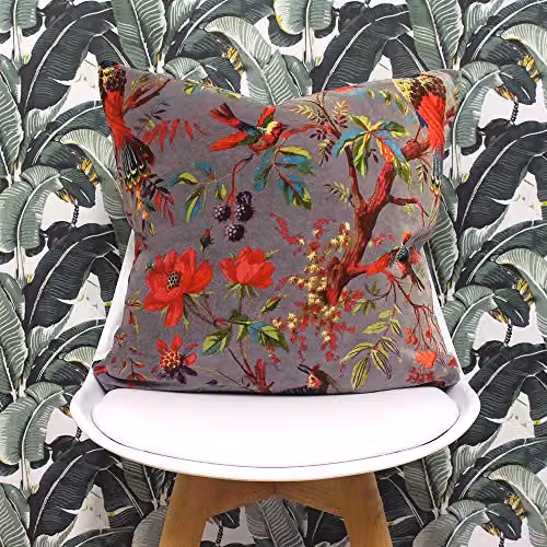 Riva Paoletti Paradise Square Cushion with Colourful Bird Print in Purple and Brown Faux Velvet and Cotton, W/D/H: 50 x 50 x 50 cm – 2