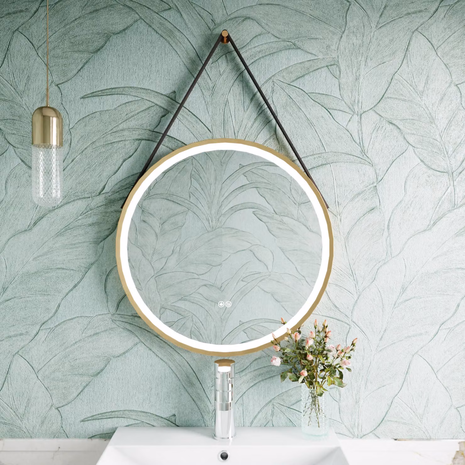 Balterley Round LED Bathroom Mirror with Demister and Strap, Brushed Brass and Brown, W: 60 cm, H: 60 cm – 2