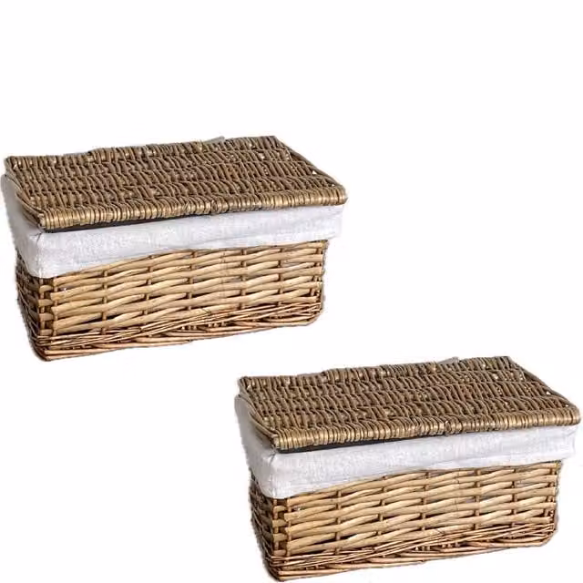 Topfurnishing Set of 2 Brown Lidded Wicker Rattan Storage Baskets with Open Weave, Diameter: 24 cm