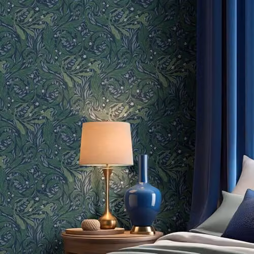 Muriva Vale Leaf Arts and Crafts Botanical Wallpaper in Green and Blue – 2