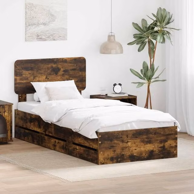 Berkfield Home Modern Bed Frame with Drawer in Smoked Oak Brown, W: 90 cm, L: 200 cm – 1