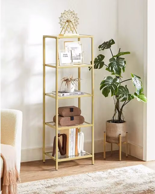 The Bazaarist 5-Tier Glass Display Bookcase with Tempered Shelves and Gold Metal Frame