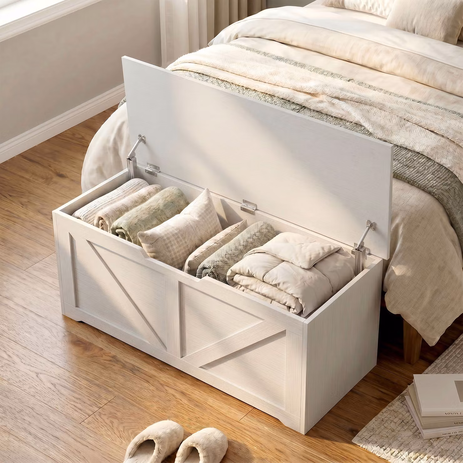 HOMCOM 127L Home Storage Box with Soft-Close Lid in White Wood-Effect, W/D/H: 100 x 45 x 136 cm – 3