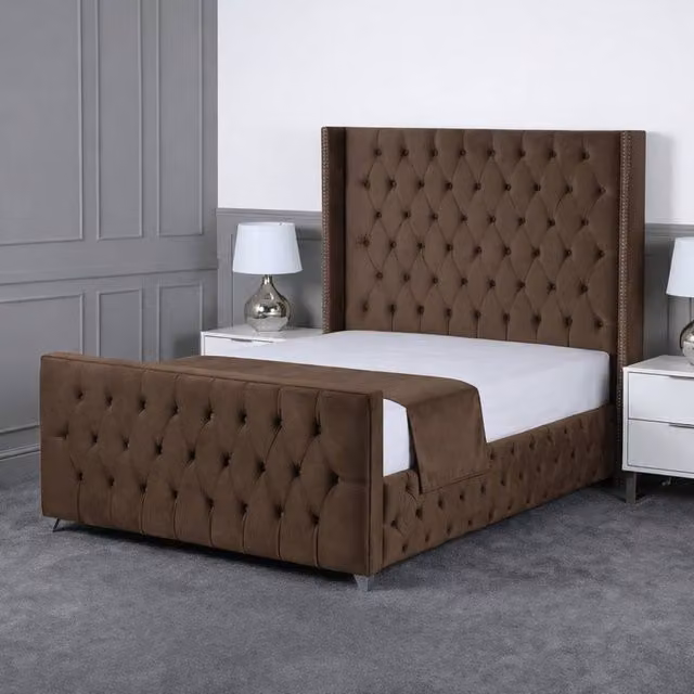 Living Comfort Bedz Executive Luxe Upholstered Gas Lift Storage Bed with 48 Inch Headboard in Brown, Small Double