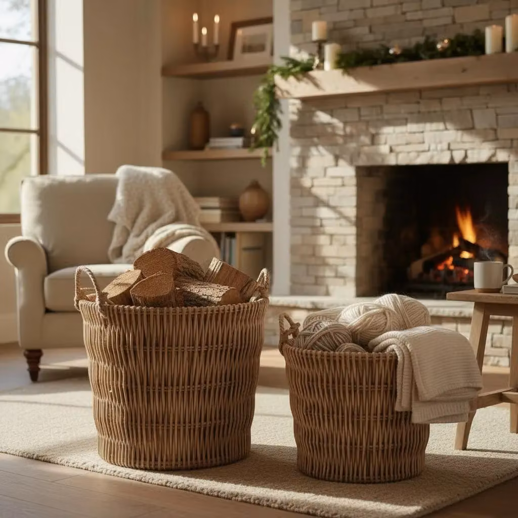 Red Hamper Set of 2 Wicker Log Baskets with Handles in Red, Sand and Brown, H: 50 cm, W: 44 cm, D: 50 cm – 2