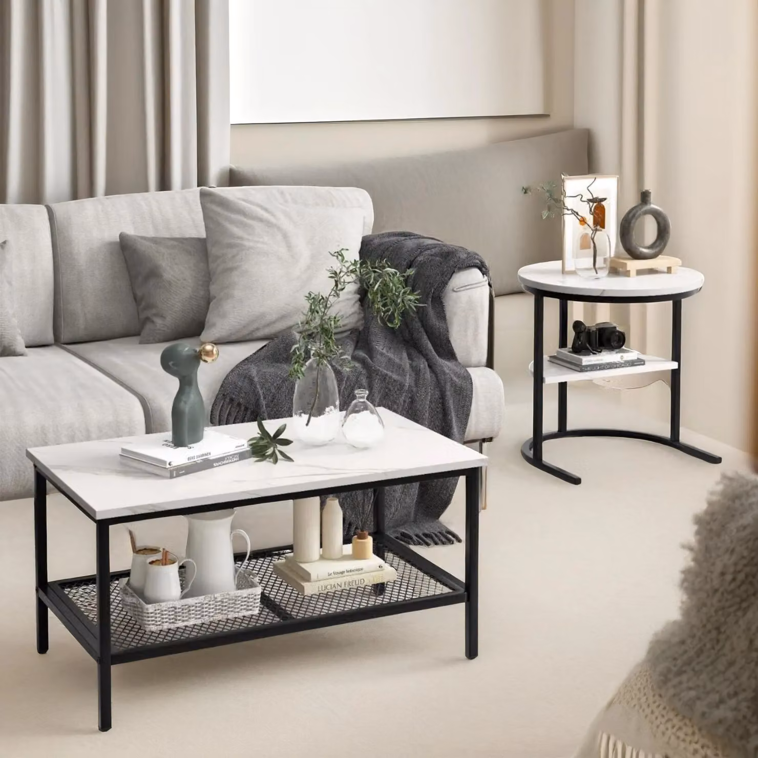 Pirlo Plush Black and White Faux Marble 2-Piece Nesting Tables Set – 2