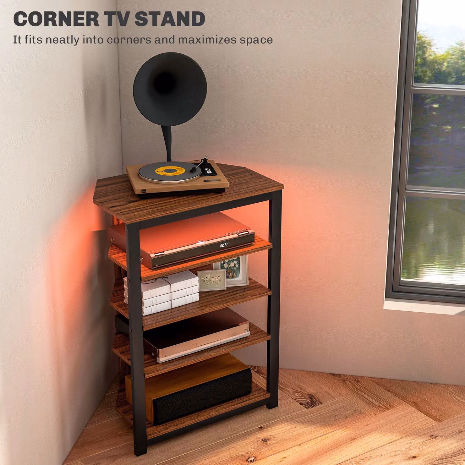 HOMCOM Modern 4-Tier Corner TV Stand with Integrated LED Lighting in Brown – 3