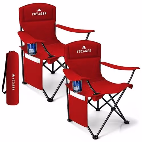 Voyager 2-Pack Folding Camping Chairs with Cup Holders and Armrests in Black and Red – 1