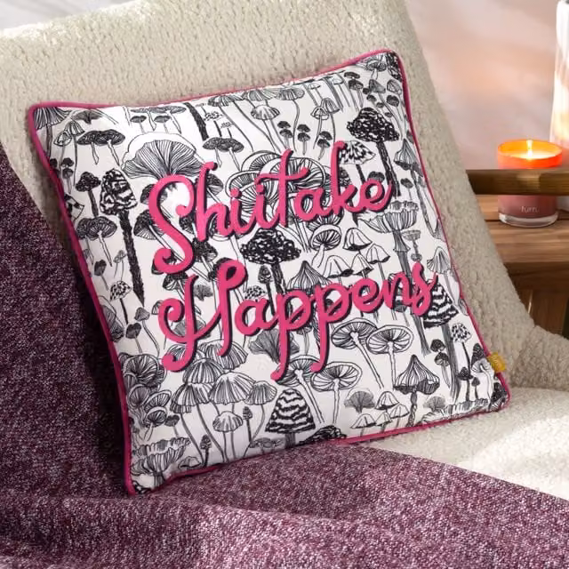 Furn Shiitake Happens Abstract Velvet Piped Cushion in Pink and White, W/D/H: 45 x 45 x 45 cm