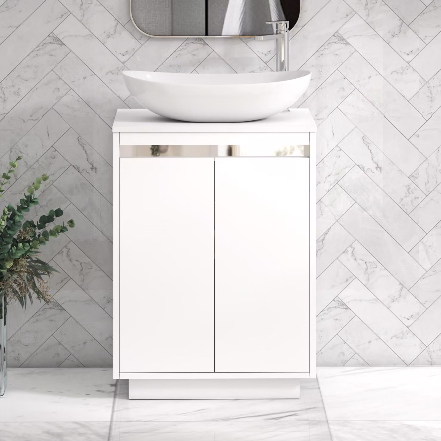 Royal Bathrooms Orion 600mm Matt White Floor Standing 2 Door Vanity Unit with Cesar Basin and Chrome Accent Trim