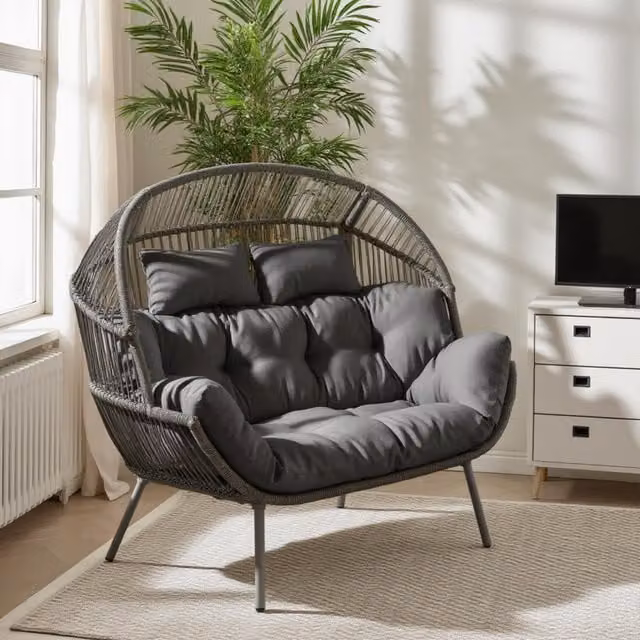 FurnitureboxUK Egg Grey Rattan Double Chair for Indoor and Outdoor Use