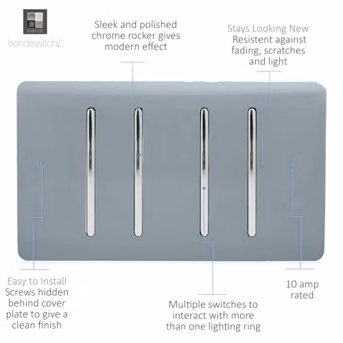 Trendi 4 Gang 2 Way Screwless Raised Front Quad Electrical Wall Light Switch in Cool Grey and Chrome – 2