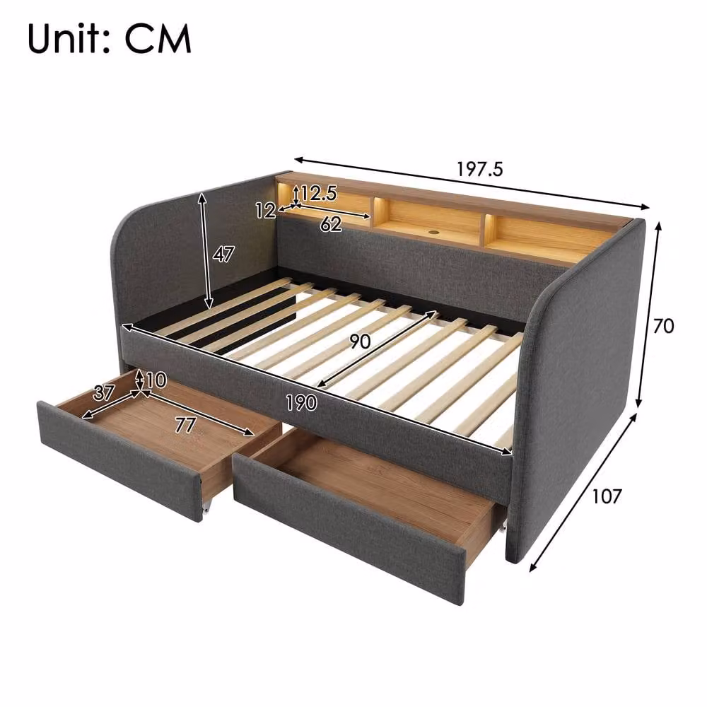 Rolipo Grey Linen Single Daybed with LED Lighting, USB Charging Port and Storage Drawers, W/D/H: 90 x 190 cm – 2