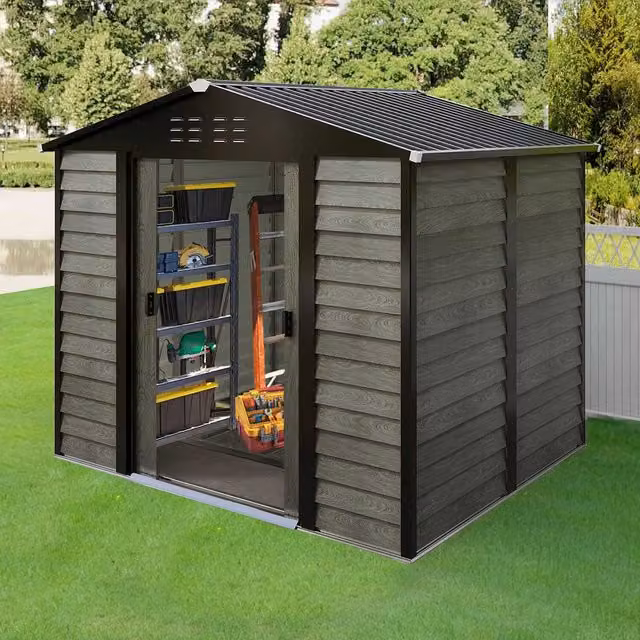 BIRCHTREE Metal Garden Shed in Grey Wood Grain Finish with Gable Roof for Outdoor Tool and Bike Storage