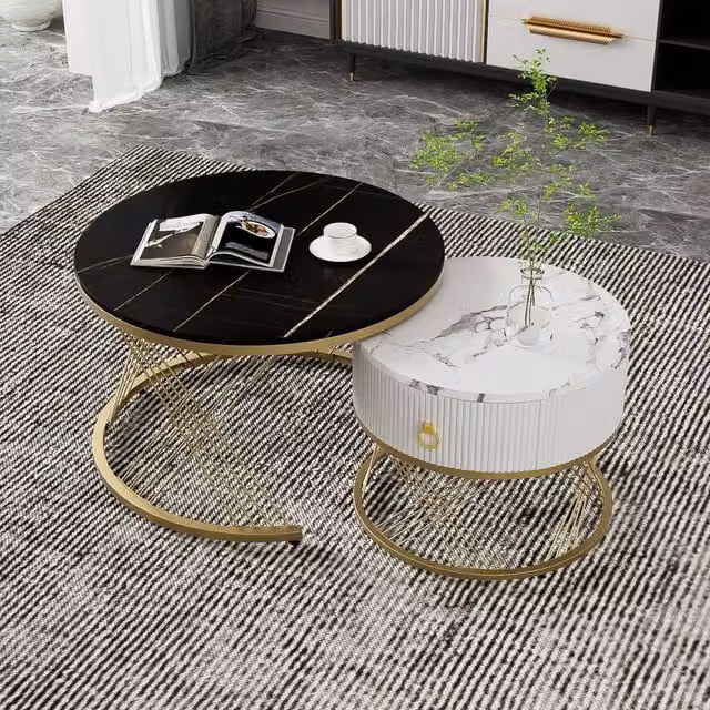 BTM Elegant Nesting Coffee Table Set of 2 with Drawers in White, Black and Gold – 1
