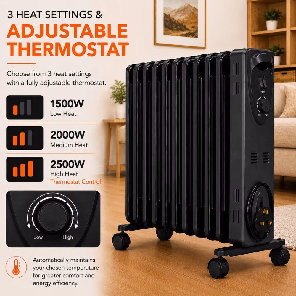 MYLEK 2.5kW Electric Oil Filled Radiator with Adjustable Thermostat in Black – 3