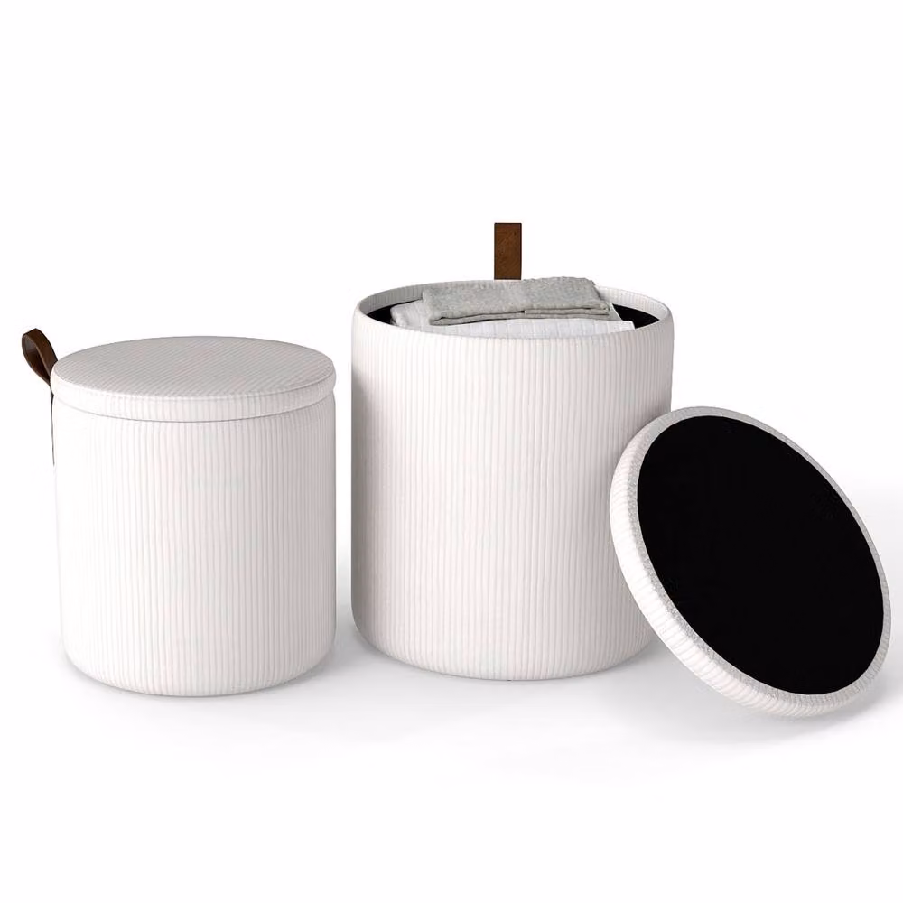 Costway Set of 2 Modern Round Upholstered Vanity Stools with Removable Lids in Beige – 2
