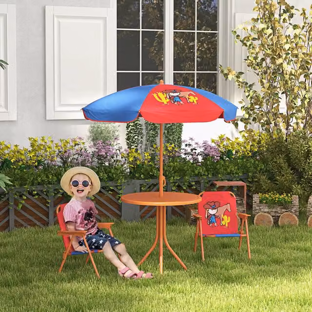 Outsunny Kids Cowboy Bistro Table and Chair Set with Adjustable Parasol in Red